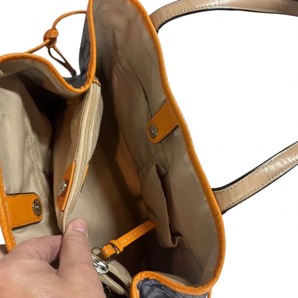 COACH Signature Coated Canvas Drawstring Carryall Bag Denim Blue & Orange Detail - Picture 5 of 14